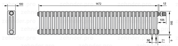 Схема (чертеж) Радиатор Zehnder Charleston 3030/32 №V002 Белый глянцевый RAL 9016